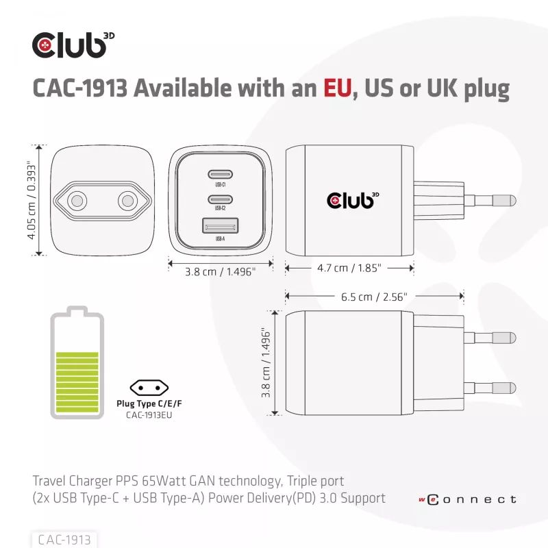 CLUB3D cestovná nabíjačka PPS 65 W GaN technológia, trojitý konektor (2x USB Type-C + USB Type-A) Power Delivery (PD) 3.0 podpora