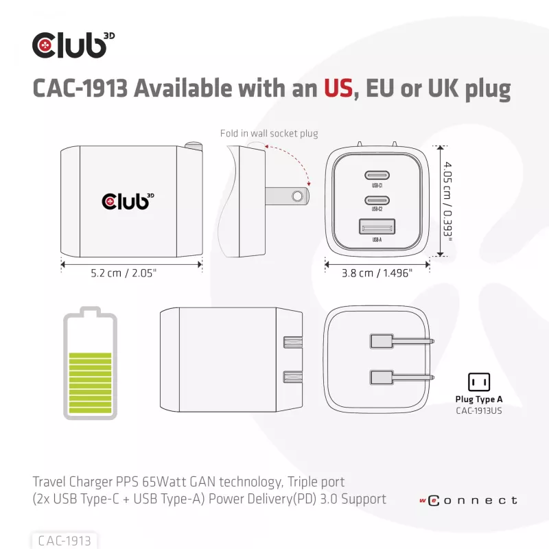 CLUB3D cestovná nabíjačka PPS 65 W GaN technológia, trojitý konektor (2x USB Type-C + USB Type-A) Power Delivery (PD) 3.0 podpora