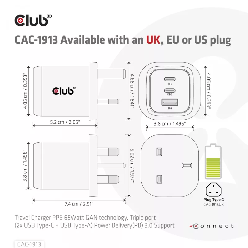 CLUB3D cestovná nabíjačka PPS 65 W GaN technológia, trojitý konektor (2x USB Type-C + USB Type-A) Power Delivery (PD) 3.0 podpora