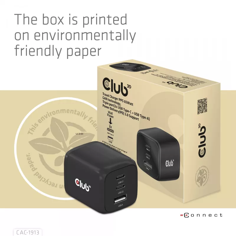 CLUB3D cestovná nabíjačka PPS 65 W GaN technológia, trojitý konektor (2x USB Type-C + USB Type-A) Power Delivery (PD) 3.0 podpora