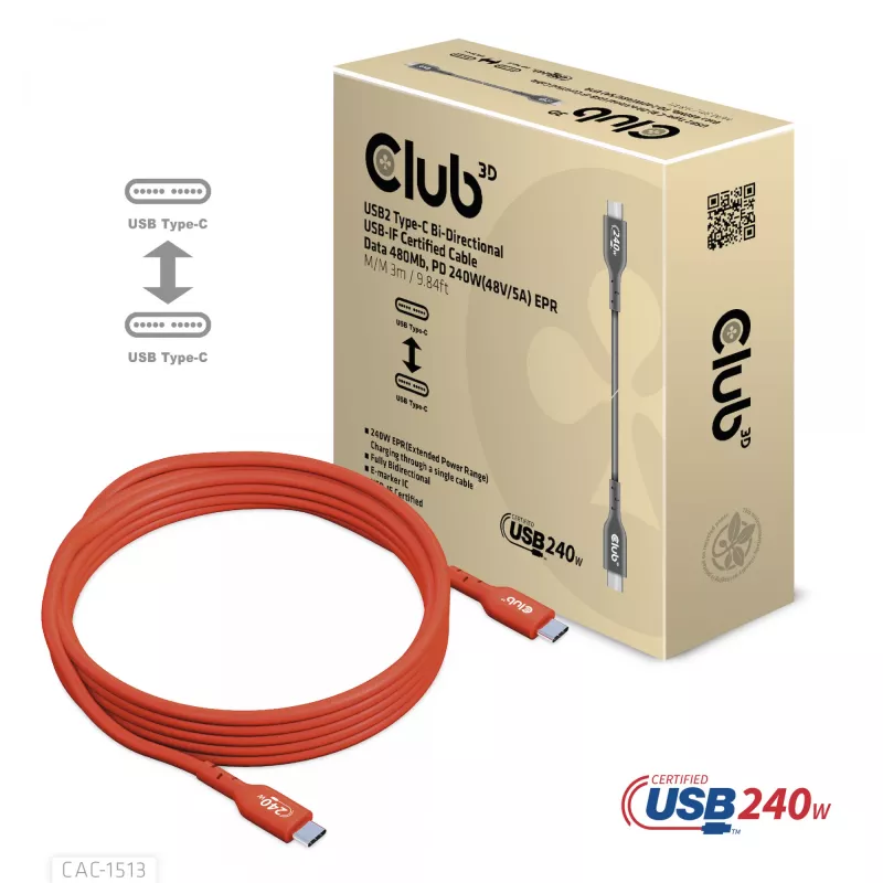 CLUB3D USB2 Type-C obojsmerný USB-IF certifikovaný dátový kábel 480Mb, PD 240W(48V/5A) EPR M/M 3m / 9.84 ft