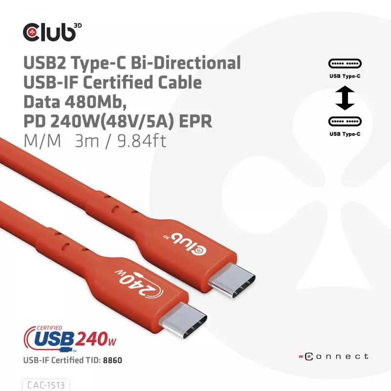 CLUB3D USB2 Type-C obojsmerný USB-IF certifikovaný dátový kábel 480Mb, PD 240W(48V/5A) EPR M/M 3m / 9.84 ft