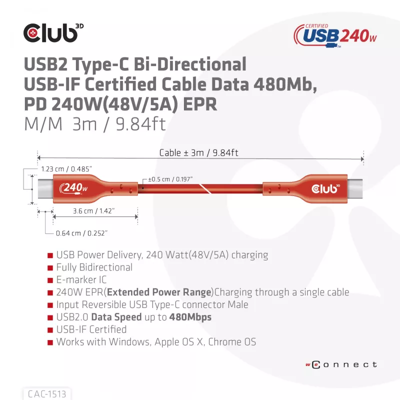 CLUB3D USB2 Type-C obojsmerný USB-IF certifikovaný dátový kábel 480Mb, PD 240W(48V/5A) EPR M/M 3m / 9.84 ft