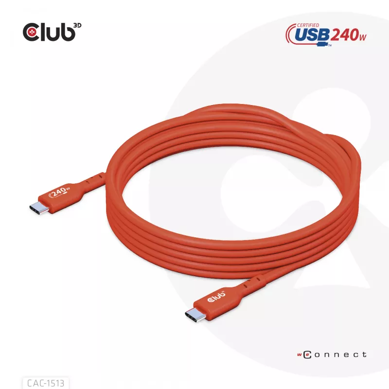 CLUB3D USB2 Type-C obojsmerný USB-IF certifikovaný dátový kábel 480Mb, PD 240W(48V/5A) EPR M/M 3m / 9.84 ft
