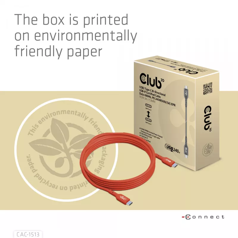 CLUB3D USB2 Type-C obojsmerný USB-IF certifikovaný dátový kábel 480Mb, PD 240W(48V/5A) EPR M/M 3m / 9.84 ft
