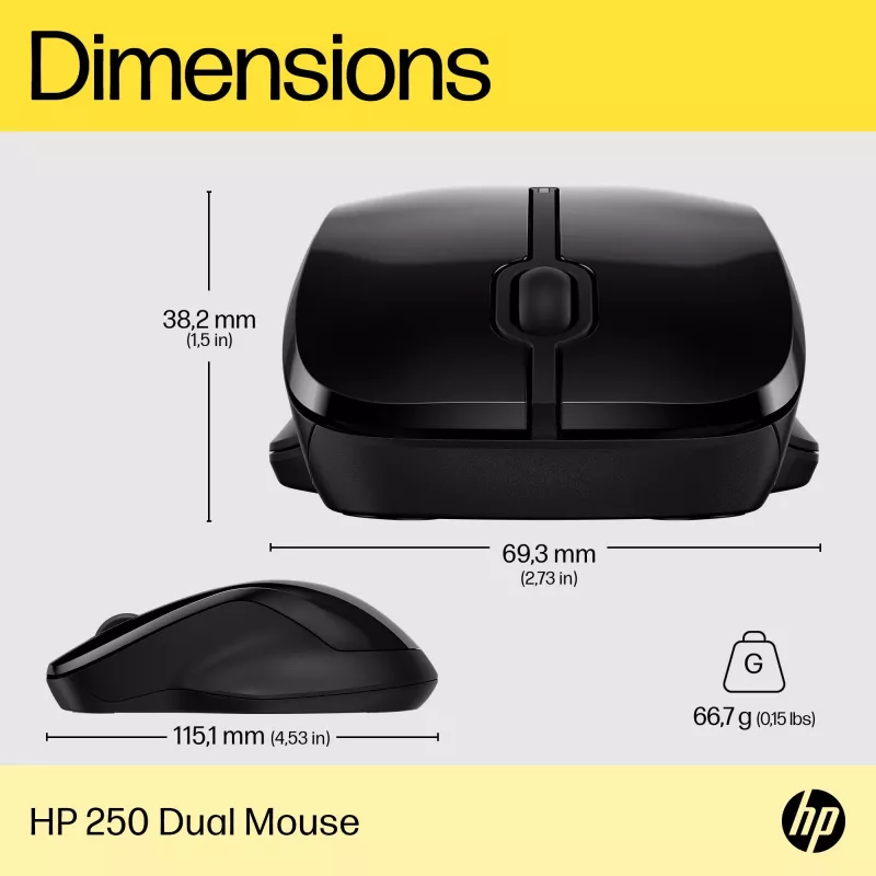 HP 250 Dual myš, obojručná, Bluetooth + USB Type A, 1600 DPI, čierna