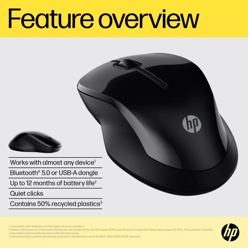 HP 250 Dual myš, obojručná, Bluetooth + USB Type A, 1600 DPI, čierna