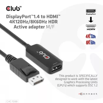 CLUB3D DisplayPort1.4 na HDMI 4K120Hz/8K60Hz HDR aktívny adaptér samec/samica