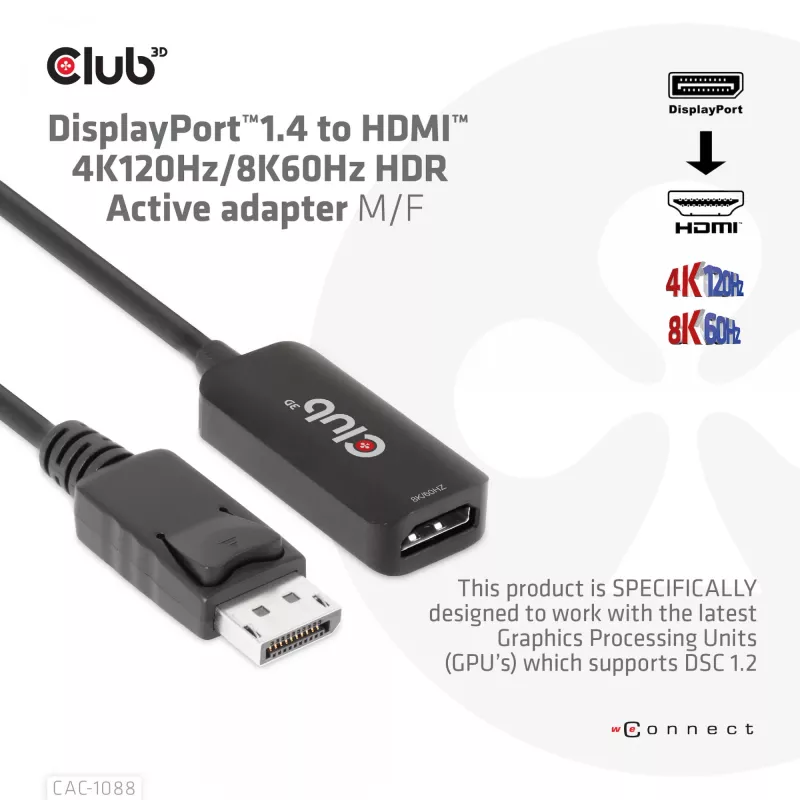 CLUB3D DisplayPort1.4 na HDMI 4K120Hz/8K60Hz HDR aktívny adaptér samec/samica