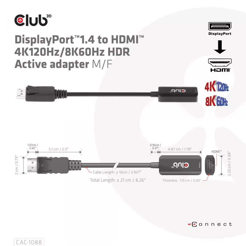 CLUB3D DisplayPort1.4 na HDMI 4K120Hz/8K60Hz HDR aktívny adaptér samec/samica
