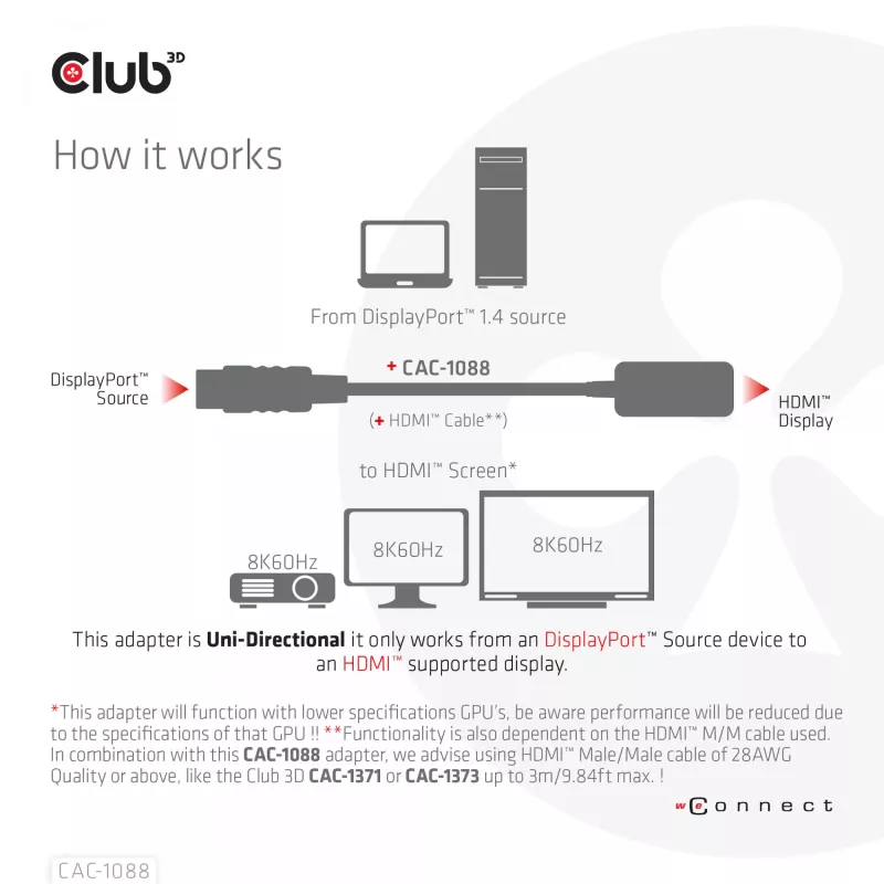 CLUB3D DisplayPort1.4 na HDMI 4K120Hz/8K60Hz HDR aktívny adaptér samec/samica