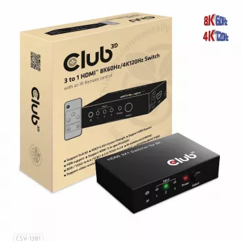 CLUB3D 3 na 1 HDMI™ 8K60Hz/4K120Hz prepínač, 7680 x 4320 pixelov, 8K Ultra HD, čierna