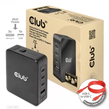 CLUB3D International Travel Charger 140W GaN technológia, štyri porty USB Type-A (1x) a -C (3x), PPS + Power Delivery (PD) 3.1 podpora