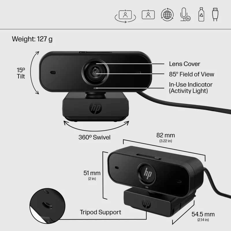 HP 430 FHD webkamera, 2 MP, 1920 x 1080 pixelov, Full HD, 60 fps, 85°, Home