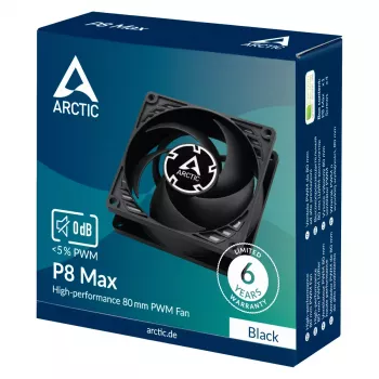 80 mm ventilátor Arctic P8 Max High-Performance PWM, 80 mm priemer, čierny, 67,96 m³/h prietok vzduchu, 0,6 Sone