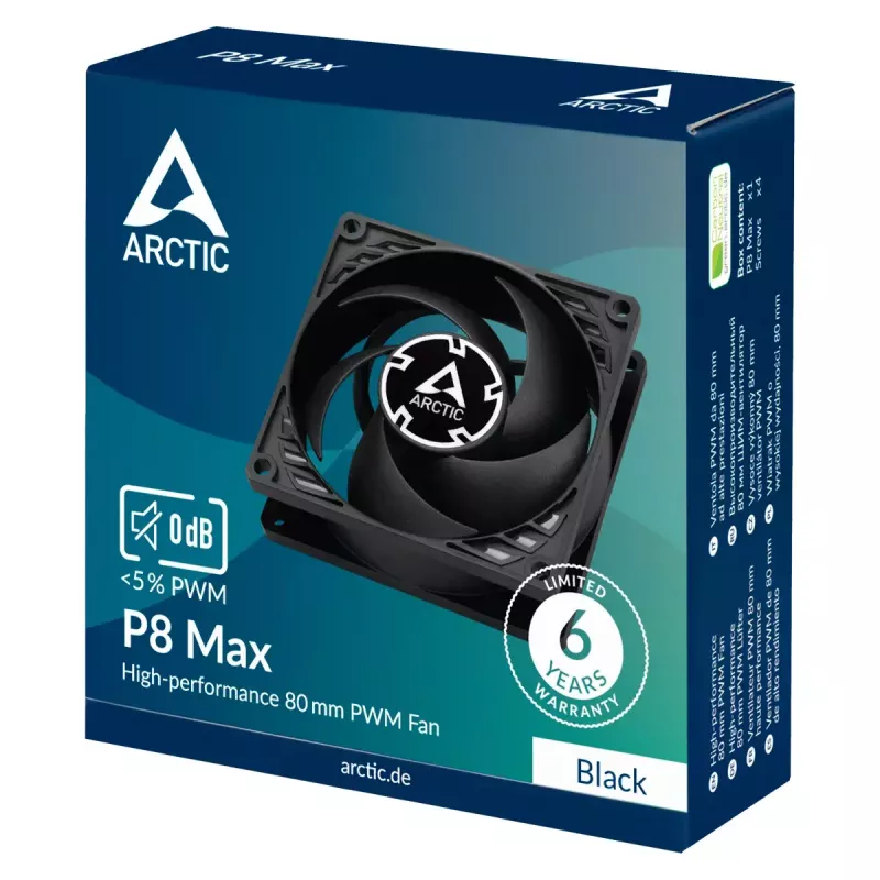 80 mm ventilátor Arctic P8 Max High-Performance PWM, 80 mm priemer, čierny, 67,96 m³/h prietok vzduchu, 0,6 Sone