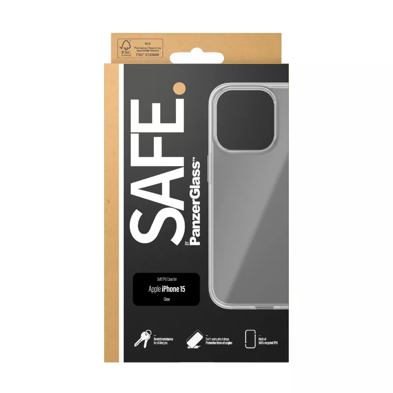 PanzerGlass SAFE. by ® TPU puzdro transparentné iPhone 15, kryt, Apple, Apple - iPhone 15, transparentné