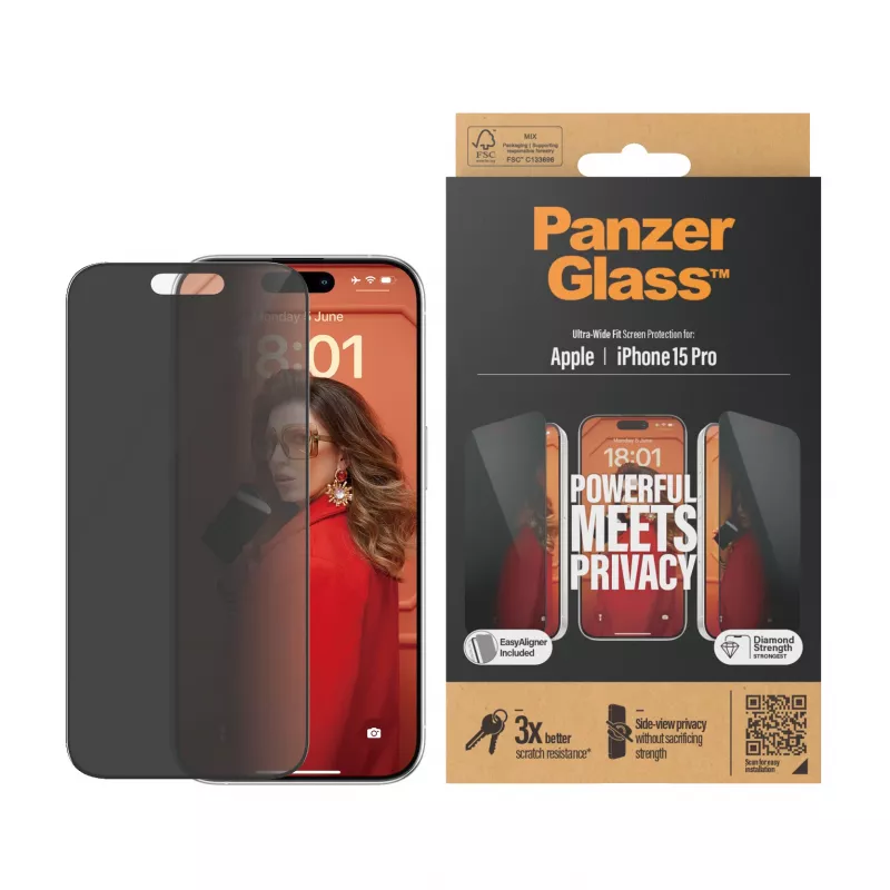 PanzerGlass ® ochranný filter súkromia displeja iPhone 15 Pro | Ultra-Wide Fit s EasyAligner