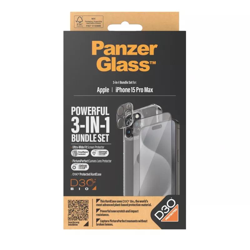 PanzerGlass ® 3-in-1 balenie iPhone 15 Pro Max, Apple, Apple - iPhone 15 Pro Max, suchá aplikácia, nárazuvzdorné, transparentné, 1 kus
