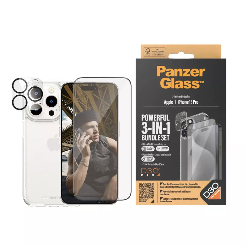 PanzerGlass 3-in-1 balenie iPhone 15 Pro tvrdené sklo transparentné