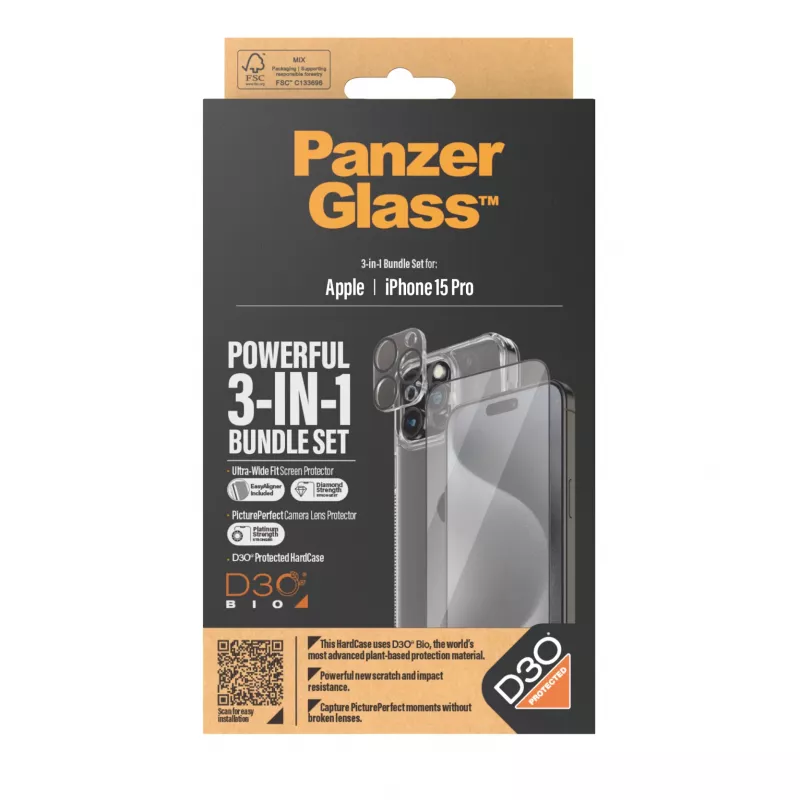 PanzerGlass 3-in-1 balenie iPhone 15 Pro tvrdené sklo transparentné