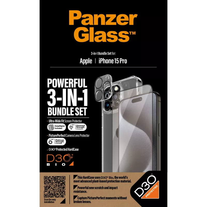 PanzerGlass 3-in-1 balenie iPhone 15 Pro tvrdené sklo transparentné