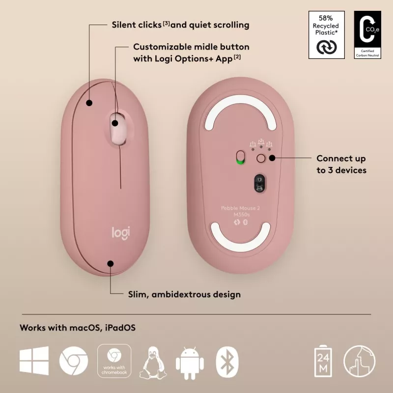 LOGITECH Pebble 2 M350s bezdrôtová optická myš ružová