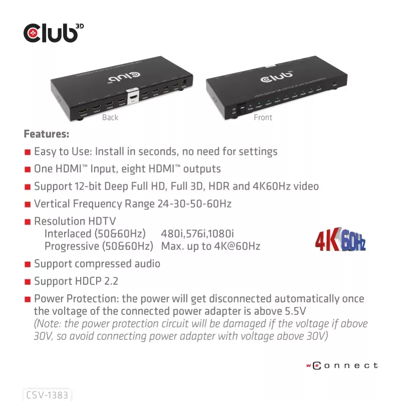 CLUB3D 1-na-8 HDMI™ splitter Full 3D a 4K60Hz (600MHz)