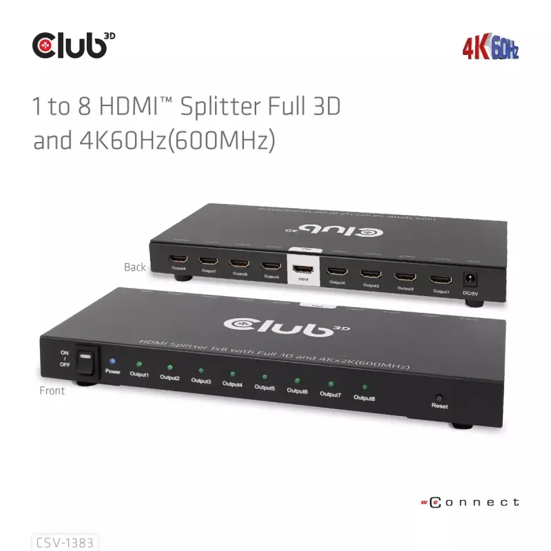 CLUB3D 1-na-8 HDMI™ splitter Full 3D a 4K60Hz (600MHz)