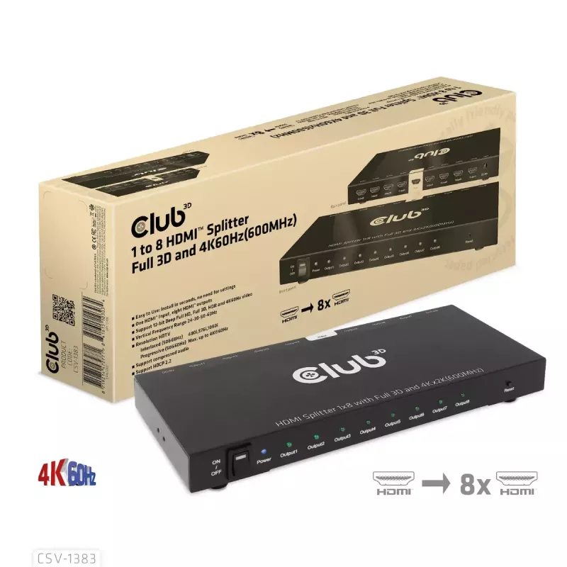 CLUB3D 1-na-8 HDMI™ splitter Full 3D a 4K60Hz (600MHz)