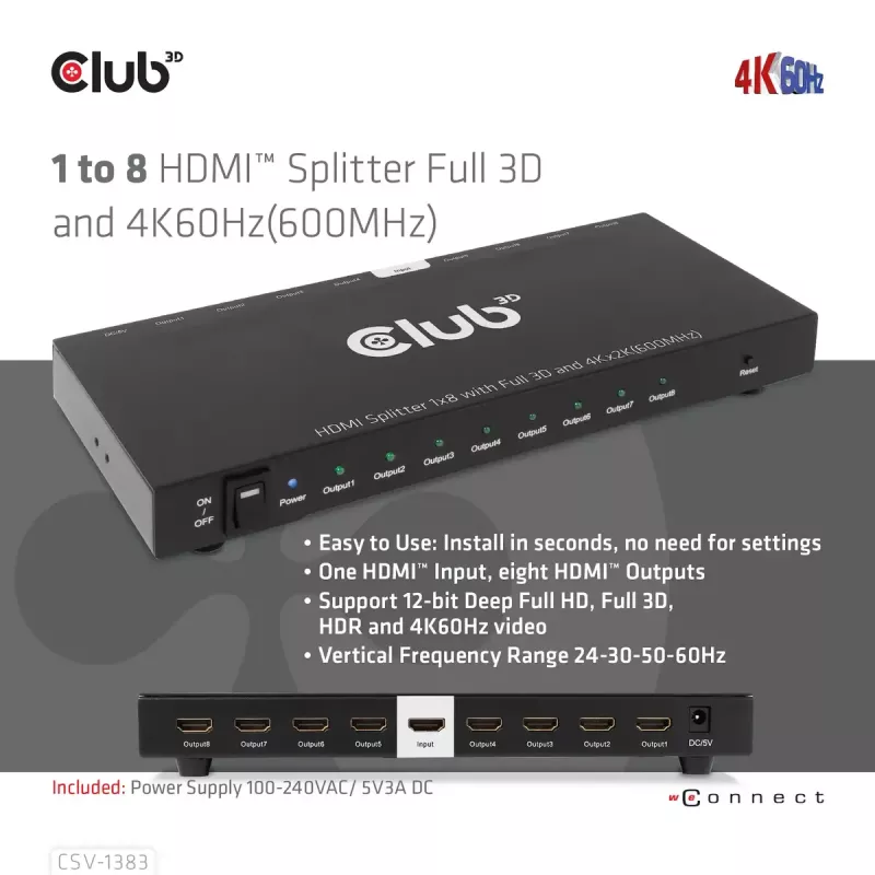 CLUB3D 1-na-8 HDMI™ splitter Full 3D a 4K60Hz (600MHz)