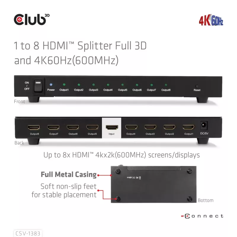 CLUB3D 1-na-8 HDMI™ splitter Full 3D a 4K60Hz (600MHz)