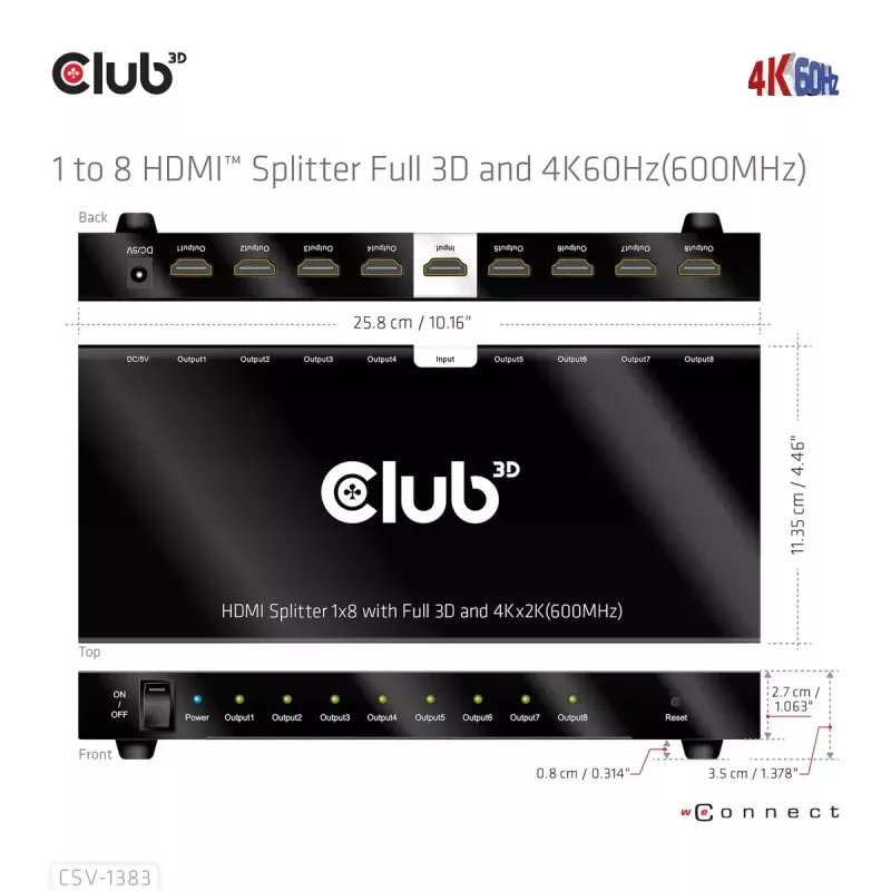 CLUB3D 1-na-8 HDMI™ splitter Full 3D a 4K60Hz (600MHz)