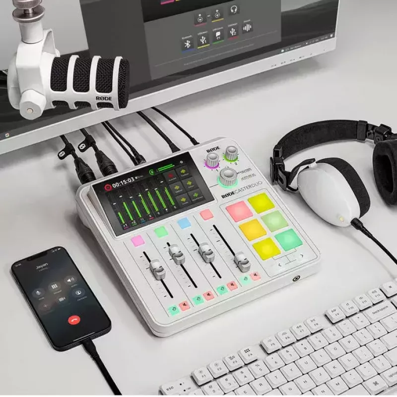 Audio rozhranie Rode RodeCaster Duo biela – 2-kanálová USB podcastingová konzola s mixérom a predzosilňovačmi