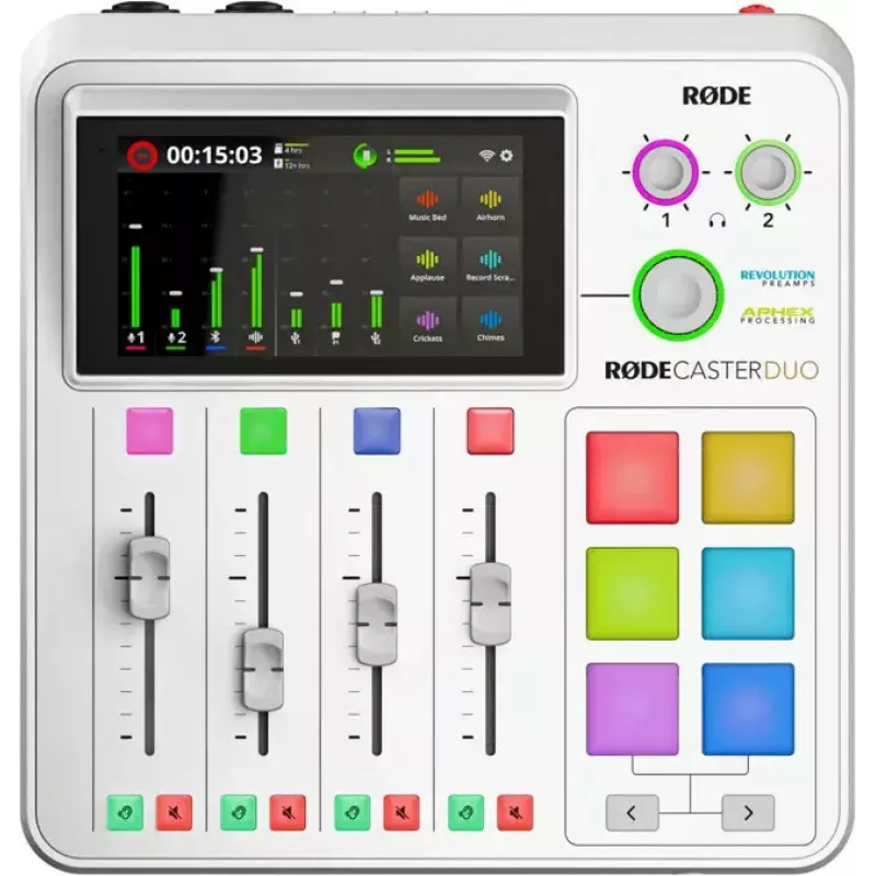 Audio rozhranie Rode RodeCaster Duo biela – 2-kanálová USB podcastingová konzola s mixérom a predzosilňovačmi