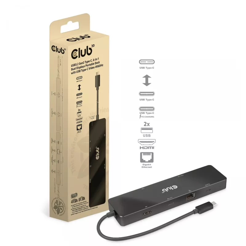 CLUB3D USB3.2 Gen2 Type-C, 6-in-1 prenosný dual-display dock s USB Type-C video 4K60Hz