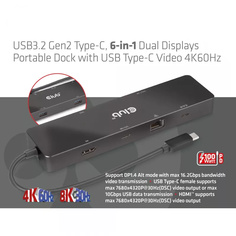 CLUB3D USB3.2 Gen2 Type-C, 6-in-1 prenosný dual-display dock s USB Type-C video 4K60Hz
