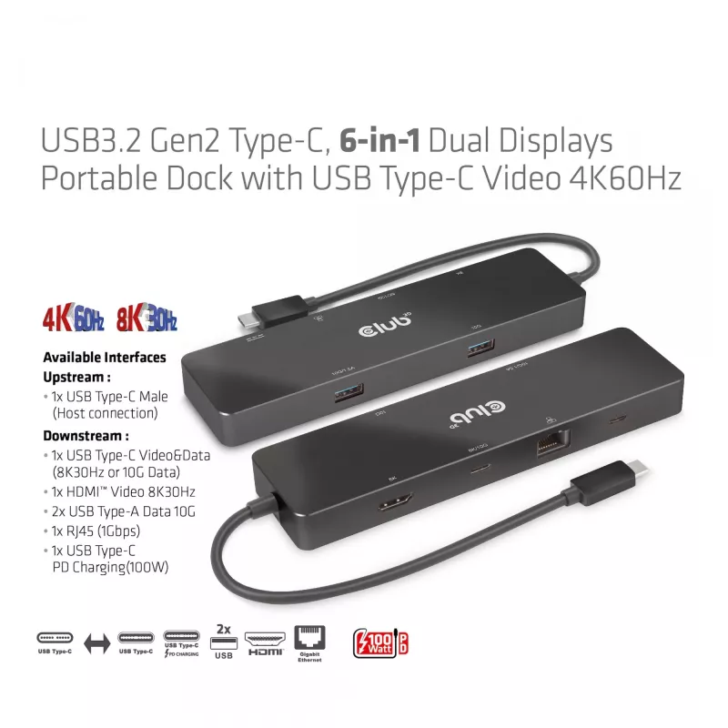 CLUB3D USB3.2 Gen2 Type-C, 6-in-1 prenosný dual-display dock s USB Type-C video 4K60Hz