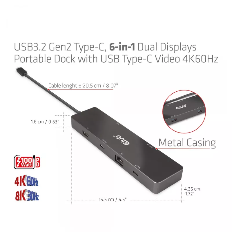 CLUB3D USB3.2 Gen2 Type-C, 6-in-1 prenosný dual-display dock s USB Type-C video 4K60Hz