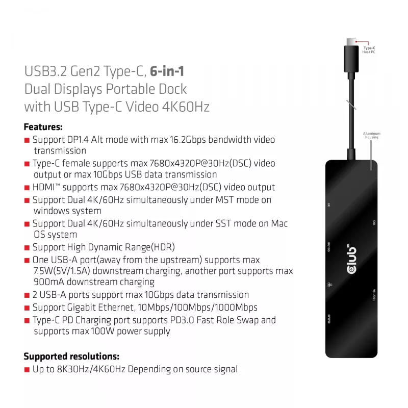 CLUB3D USB3.2 Gen2 Type-C, 6-in-1 prenosný dual-display dock s USB Type-C video 4K60Hz