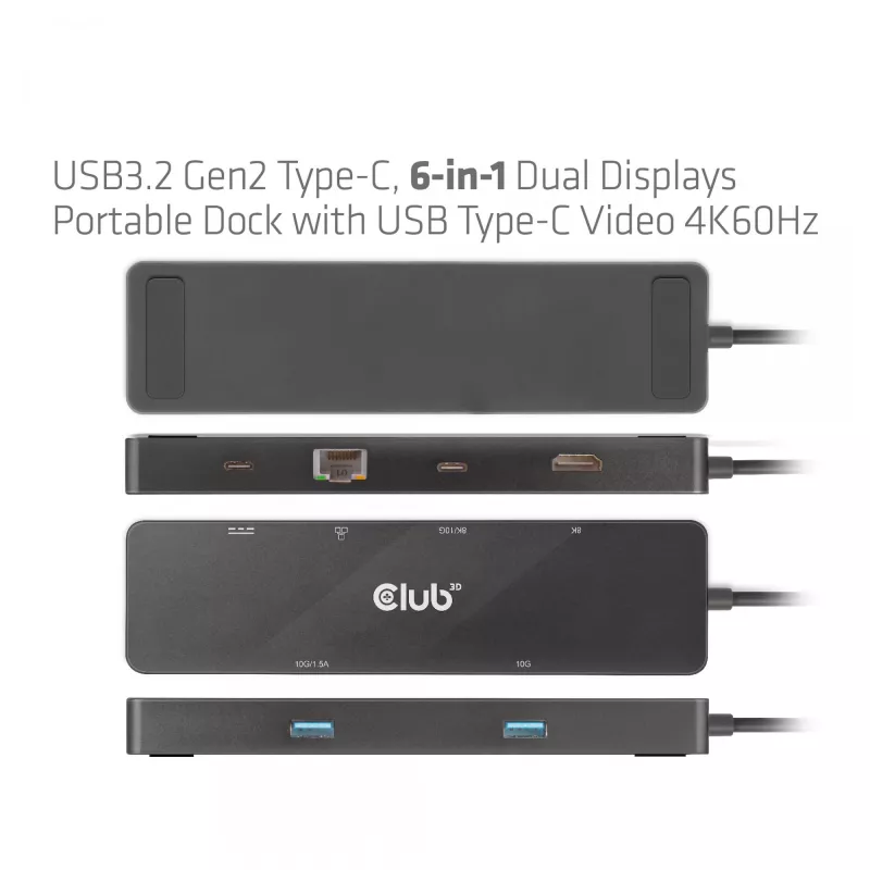 CLUB3D USB3.2 Gen2 Type-C, 6-in-1 prenosný dual-display dock s USB Type-C video 4K60Hz
