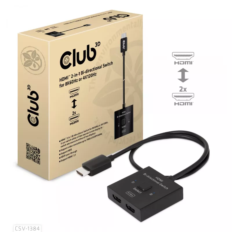 CLUB3D HDMI 2-in-1 obojsmerný switch 8K60Hz 4K120Hz CSV-1384