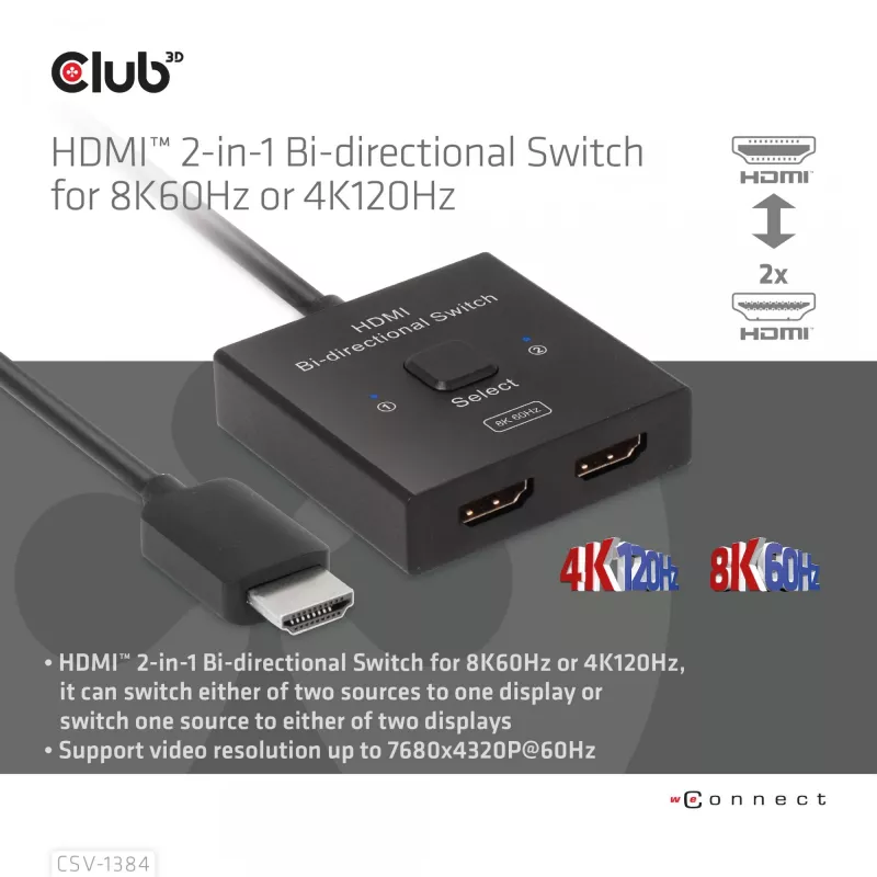 CLUB3D HDMI 2-in-1 obojsmerný switch 8K60Hz 4K120Hz CSV-1384