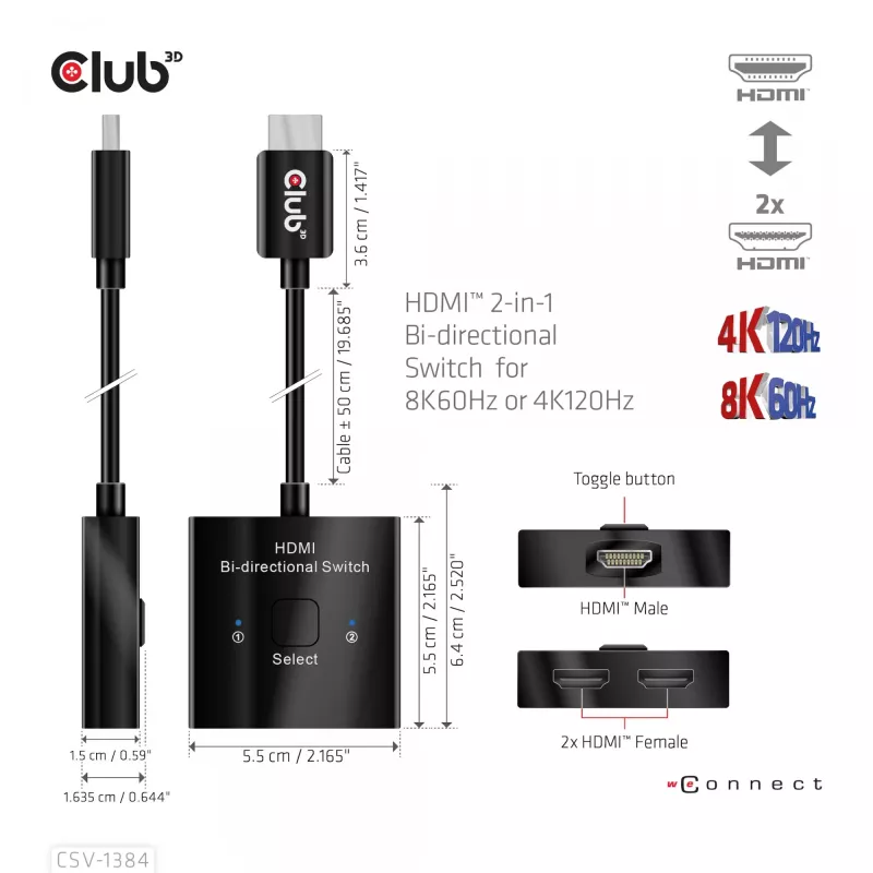 CLUB3D HDMI 2-in-1 obojsmerný switch 8K60Hz 4K120Hz CSV-1384
