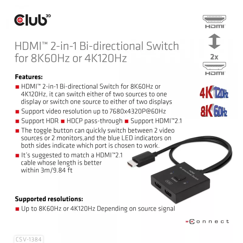 CLUB3D HDMI 2-in-1 obojsmerný switch 8K60Hz 4K120Hz CSV-1384