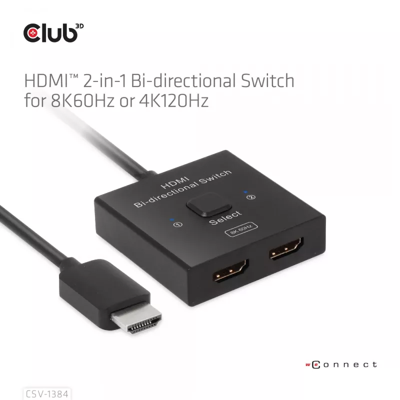 CLUB3D HDMI 2-in-1 obojsmerný switch 8K60Hz 4K120Hz CSV-1384