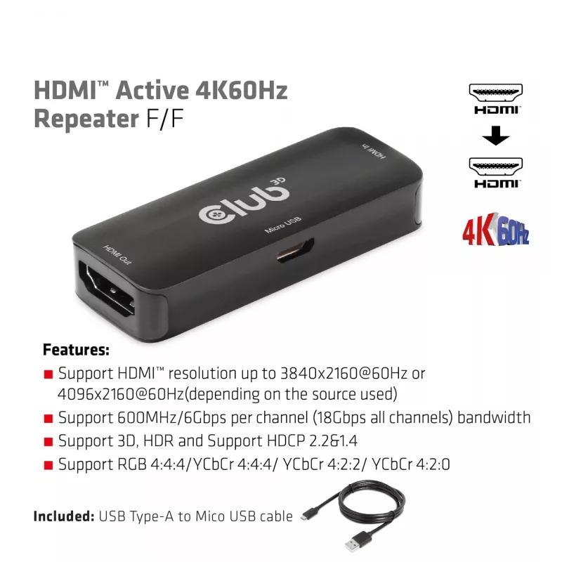 CLUB3D HDMI aktívny 4K60Hz repeater F/F