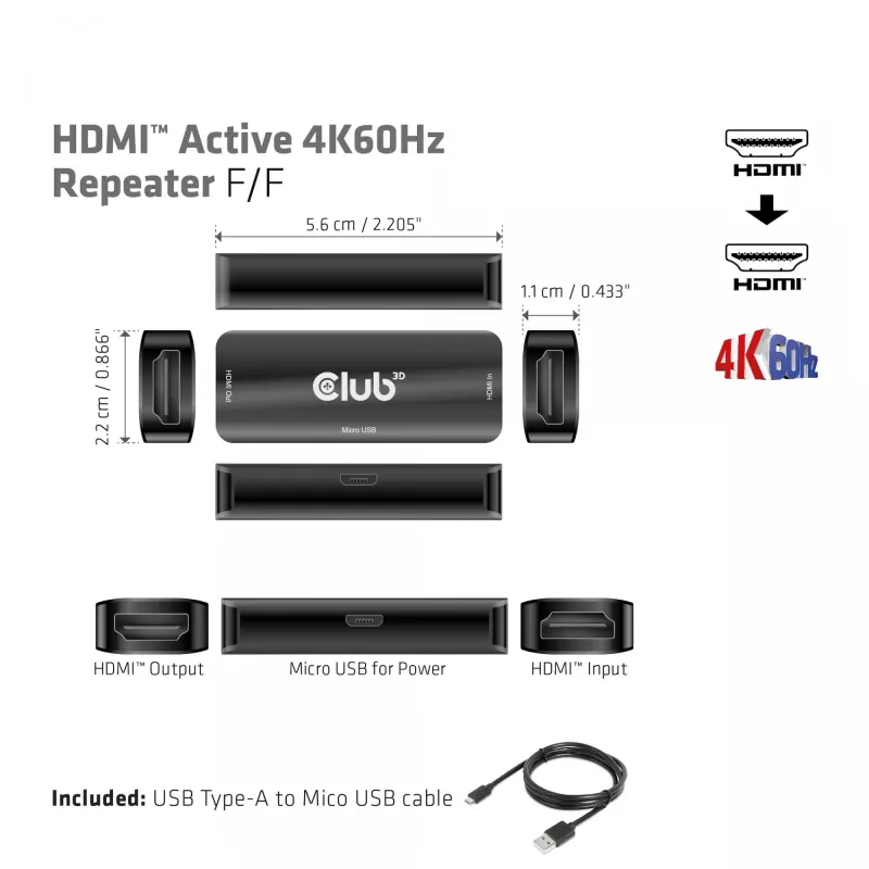 CLUB3D HDMI aktívny 4K60Hz repeater F/F