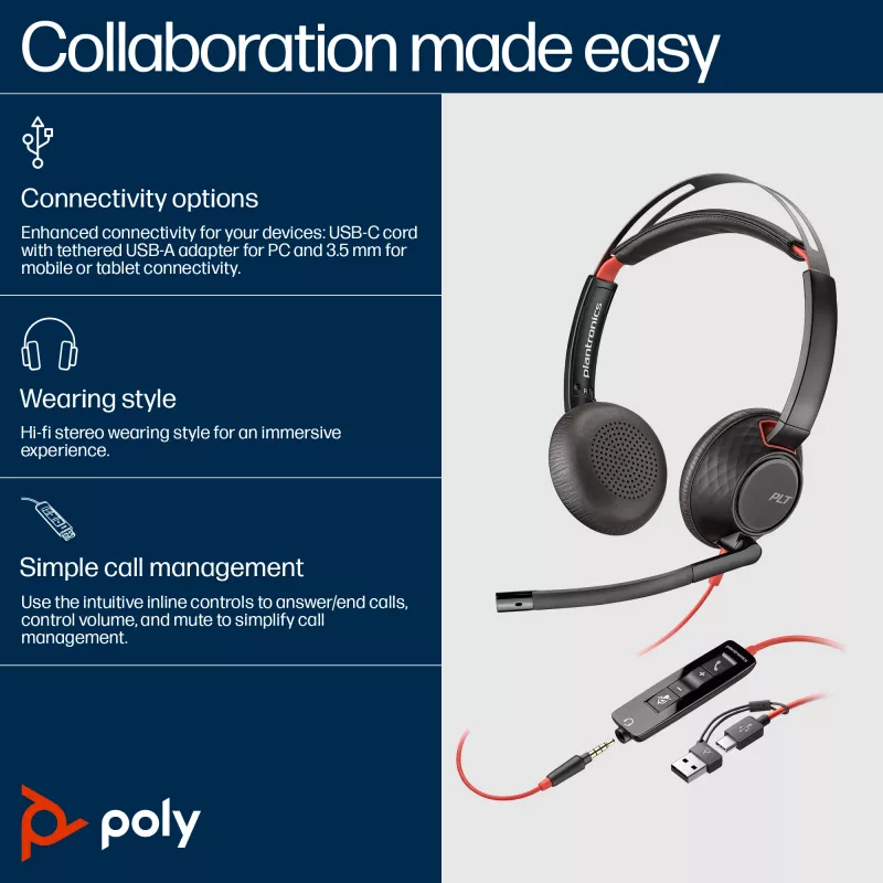 HP Poly Blackwire 5220 stereo USB-C headset + 3,5 mm jack + USB-C/A adaptér