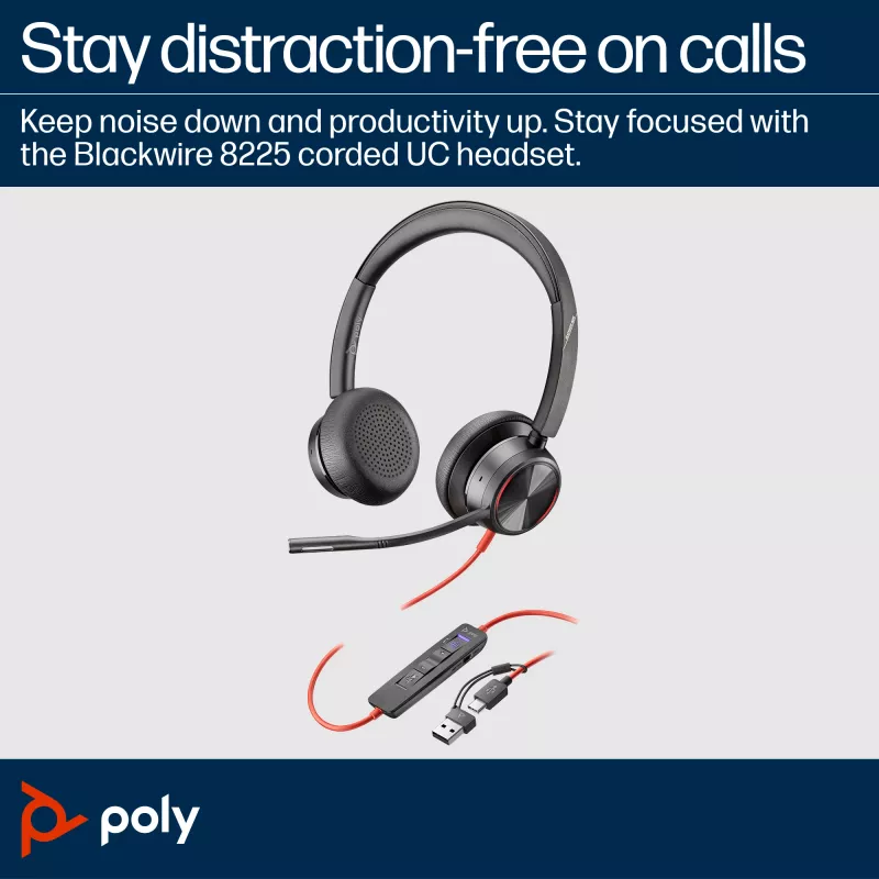HP Poly Blackwire 8225 stereo Microsoft Teams certifikovaný USB-C headset + USB-C/A adaptér
